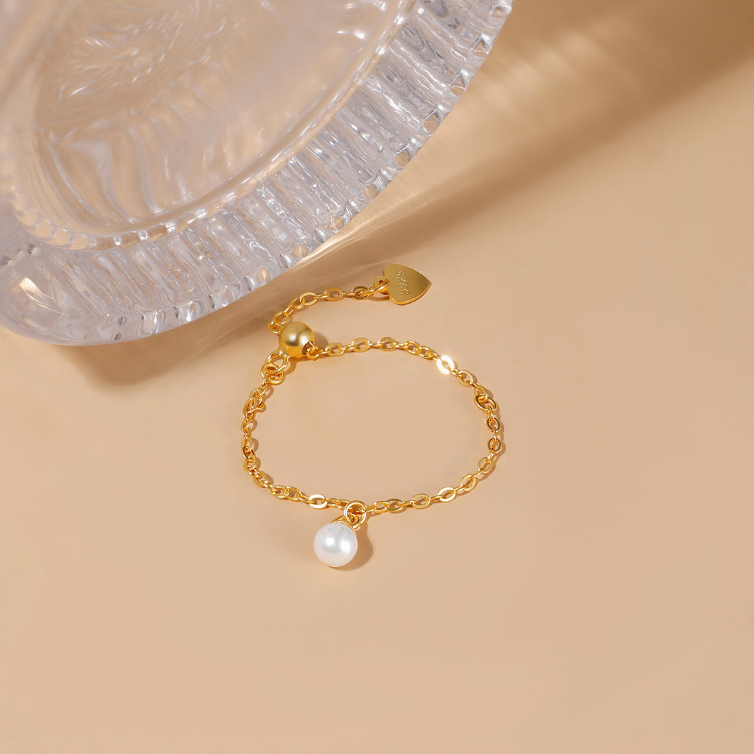 14K Gold Plated Pearl Chain Ring