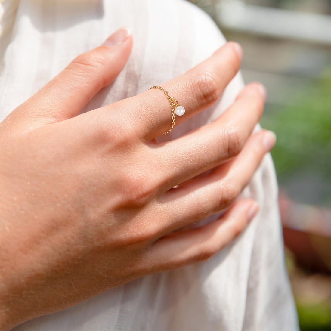 14K Gold Plated Pearl Chain Ring