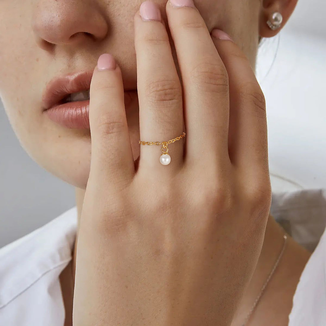 14K Gold Plated Pearl Chain Ring