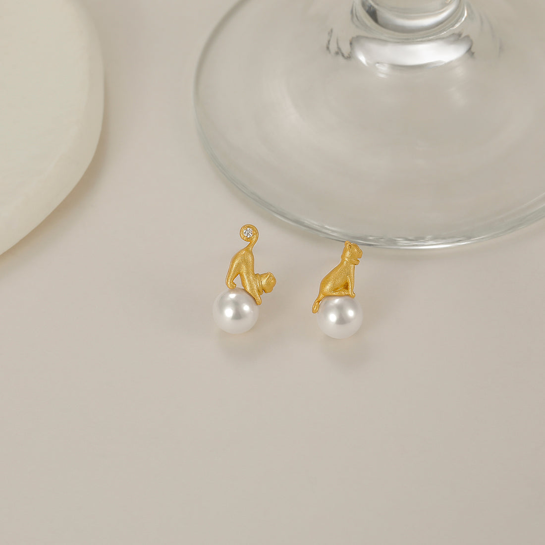 Cat Pearl Earring Studs in Sterling Silver