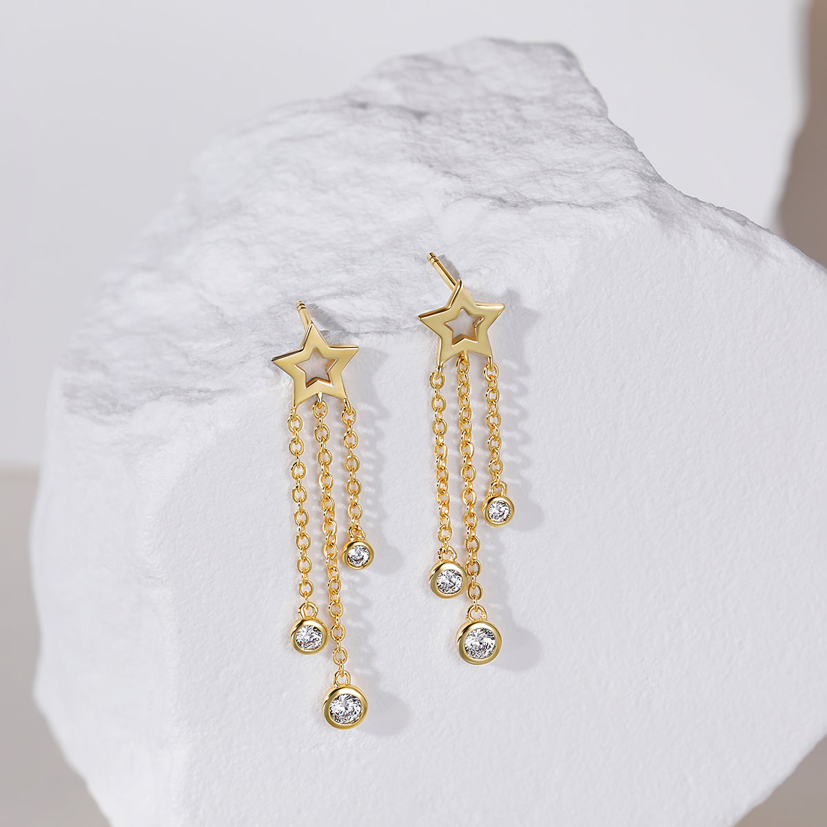 gold plated star earrings, dangle cz stone earrings, stunning s925 earrings