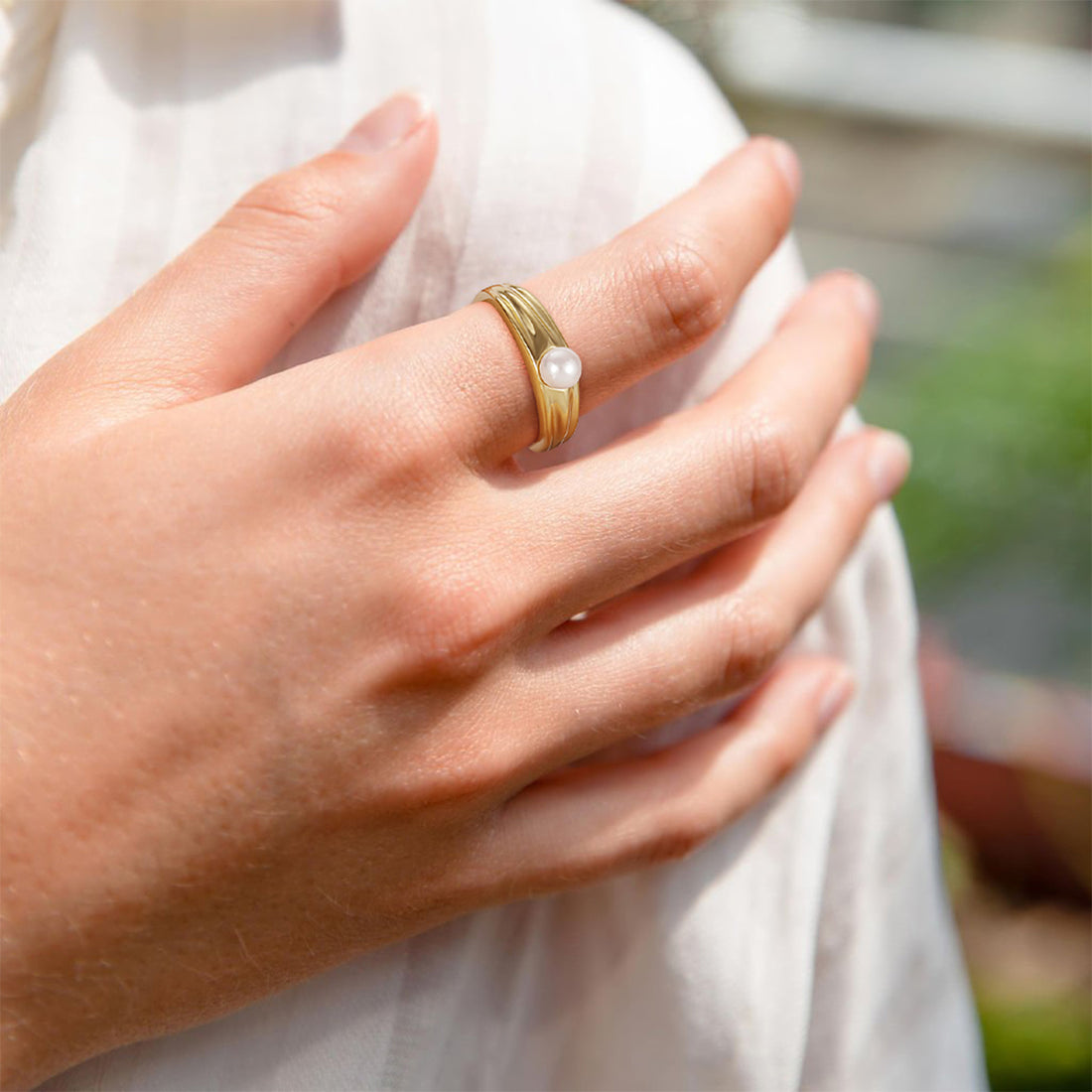 Sterling Silver Wide Band Pearl Ring